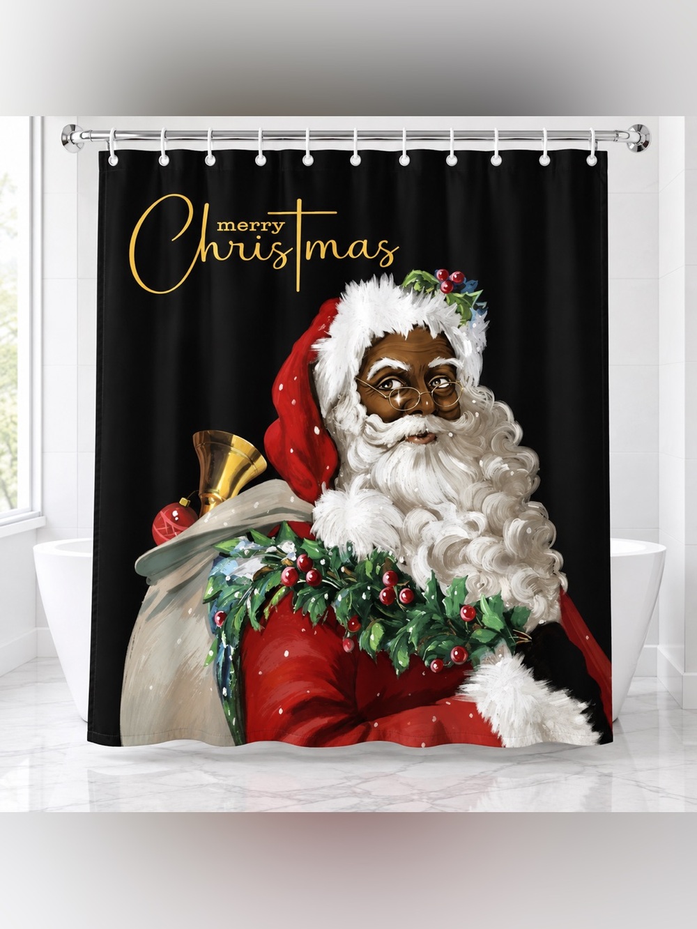 5-Piece Black Santa Merry Christmas Bathroom Set Shower Curtain & Mats